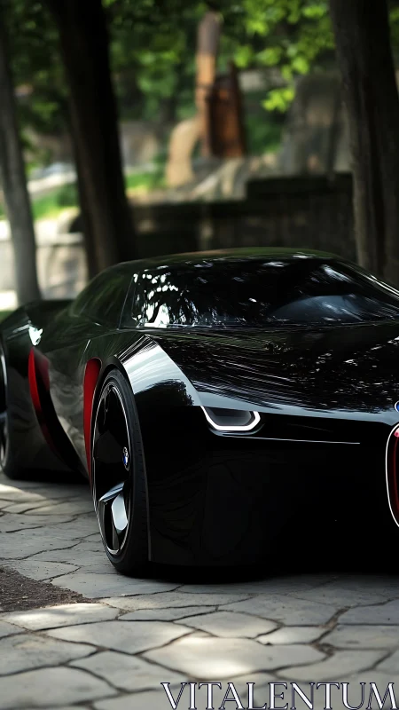 Sleek black concept supercar under dappled park light.