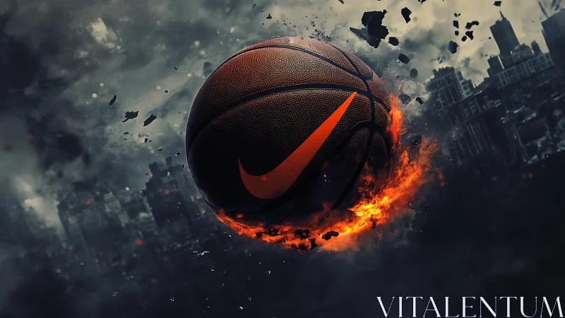 Fiery city slam: basketball streaking through stormy sky.