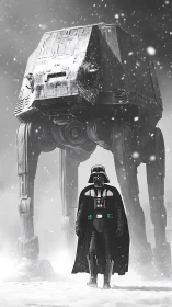 Armored figure and walker in monochrome snowstorm.