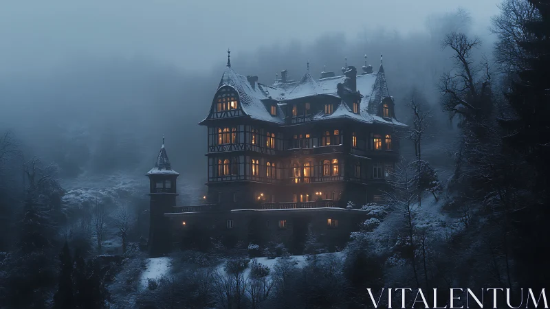 Gothic manor illuminated in dense winter fog with warm window glow