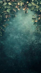 Green leaves framing textured teal background surface.