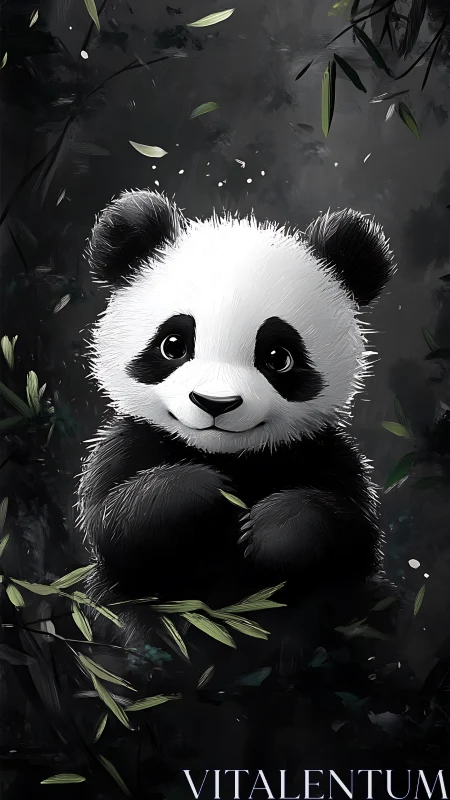 Gentle baby panda smiles softly amid quiet forest bamboo