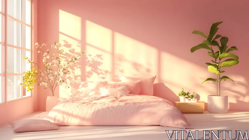 Sunlit blush bedroom cocoon with dreamy plants and shadows.