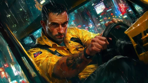 Gritty night taxi ride with a determined city driver.