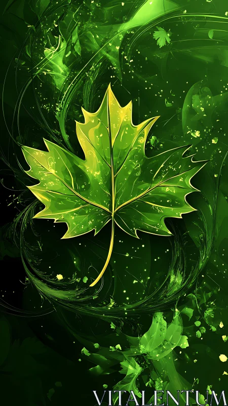 Green maple leaf on abstract luminous background.