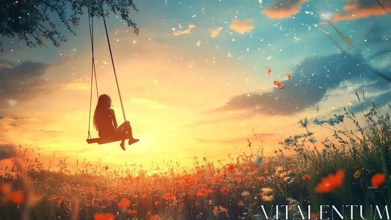 Sunset swing drifts through glowing petals and quiet dreams