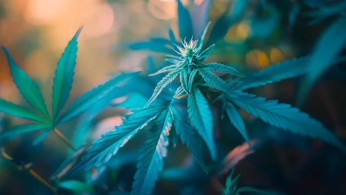 Cannabis inflorescence in teal bokeh light with detailed foliage.