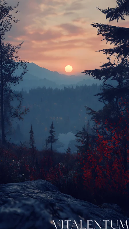 Twilight sun descending over misty forested mountain valley.