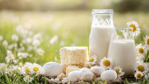 Rustic dairy assortment rests among blooming chamomiles.