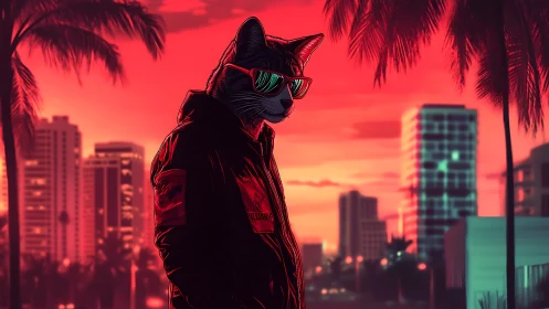 Neon city cat in jacket under vivid sunset sky.