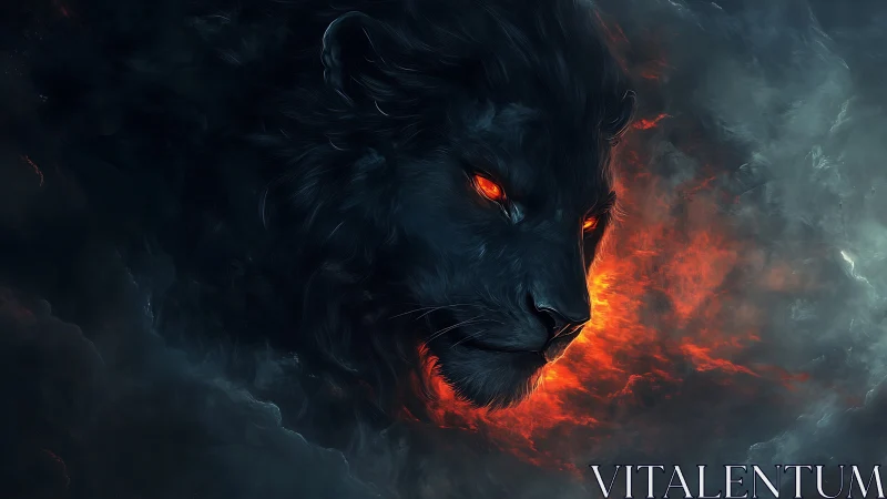 Dark lion head with glowing eyes in fiery cloud field.