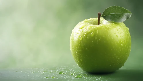 Fresh green apple with water droplets on soft green background.