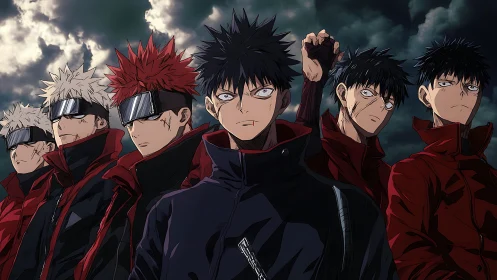 Storm-lit anime squad in red tactical jackets, intense gaze