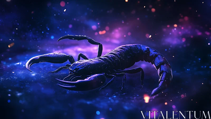 Nebula-lit cosmic scorpion prowls through violet stardust.