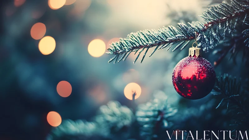 Red ornament on frosted Christmas tree branch with lights.