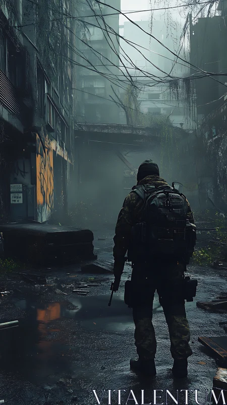 Lone survivor walks through a misty ruined city street