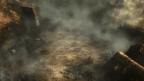 Fog-shrouded wasteland arena suggests post-apocalyptic tension