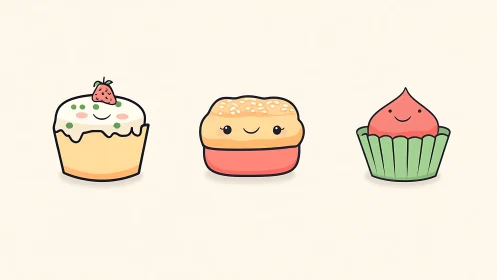 Three Anthropomorphic Baked Goods with Cheerful Expressions Arranged Horizontally
