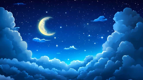 Crescent moon above glowing clouds in vivid night sky.