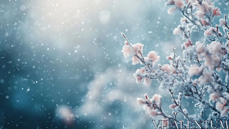 Frost-Laden Blossoms in Winter Snowfall.