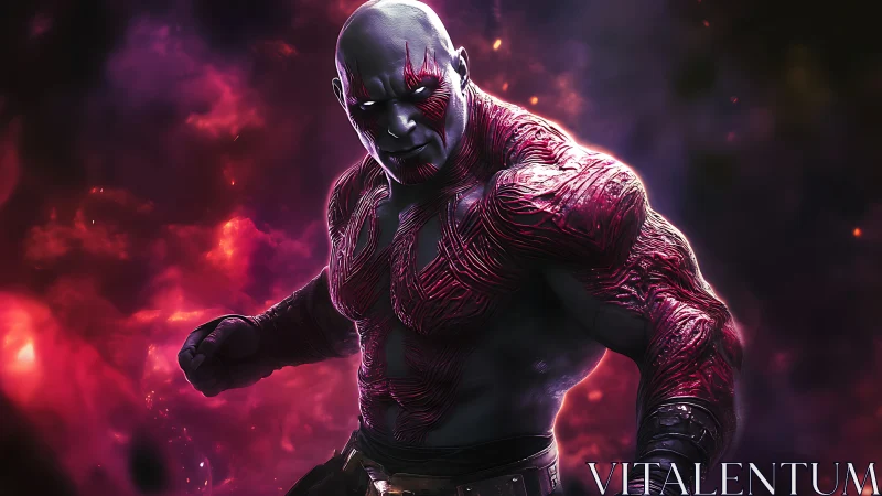Muscular humanoid figure in red-lit cosmic environment.