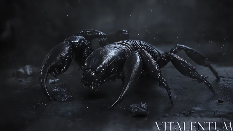 Armored alien scorpion crouches on wet dark ground