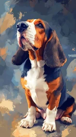 Loyal basset hound sits proudly against a dreamy paint backdrop