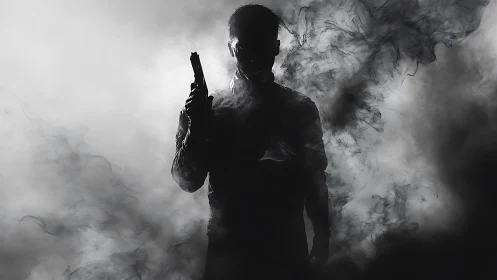 Silhouetted armed figure in dense monochrome atmospheric smoke