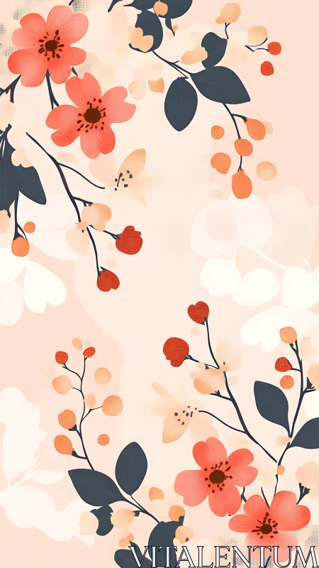 Botanical Illustration with Red Flowers and Dark Foliage