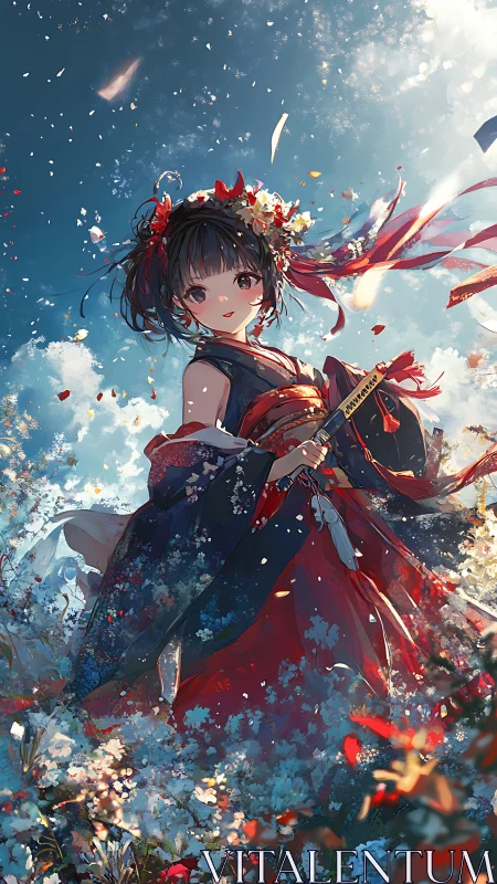 Anime girl in floral kimono holding sword under bright sky.