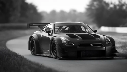 Photorealistic track-tuned GT-R in monochrome racing composition.