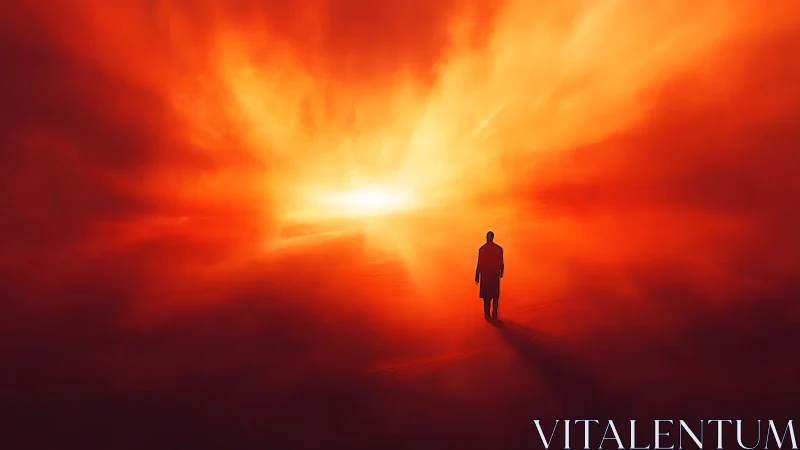 Solitary silhouette walking into a blazing horizon portal.