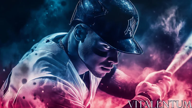 Neon-illuminated baseball batter in high-intensity swing pose.