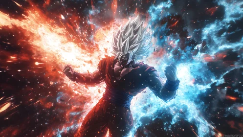 Anime warrior stands amid opposing red and blue energy fields