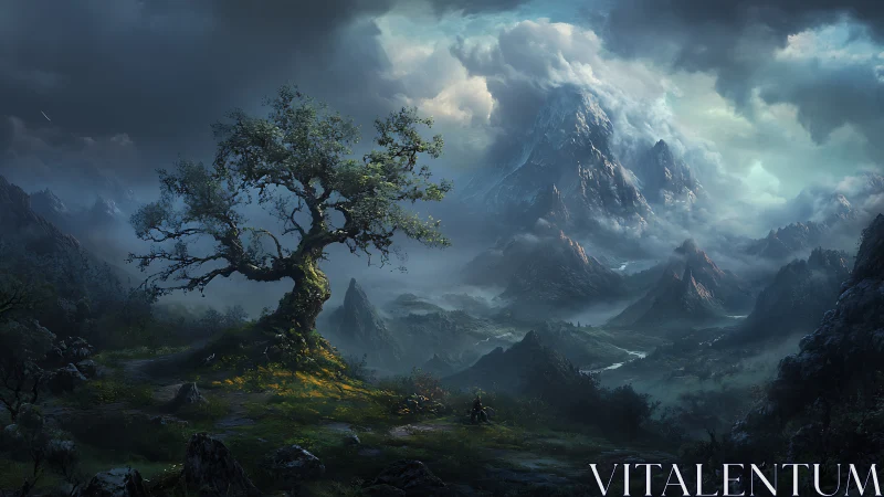 Ancient wind-sculpted tree dominates storm-lit glacial valley vista