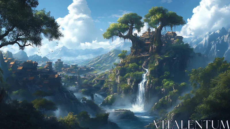 Fantasy Landscape: Palatial Tree Settlement Overlooking Cascading Waterfall Valley