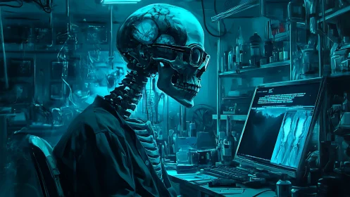 Cyberpunk skeleton scientist at glowing lab workstation.