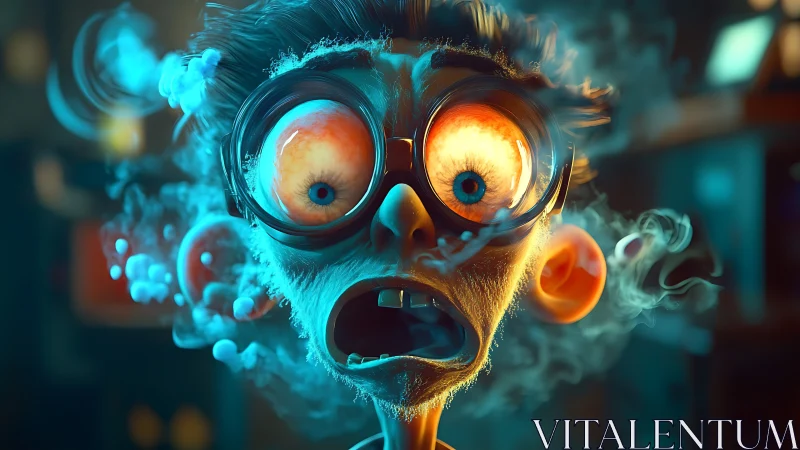 Overexposed cartoon scientist rendered with exaggerated 3D facial deformation