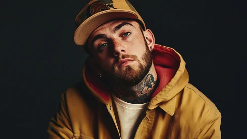 Photographic portrait with urban streetwear styling and noir tonality.