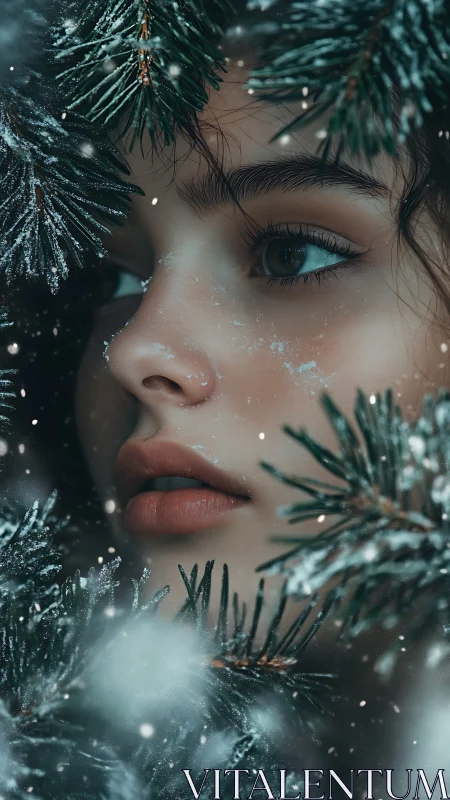 Snow-kissed gaze hidden in whispering winter pines.