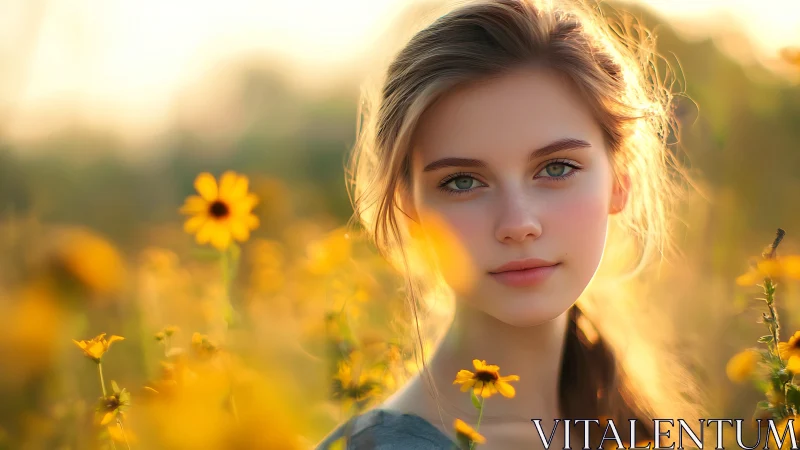 Young woman in yellow wildflower field at golden hour.