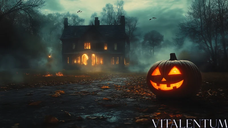 Grinning pumpkin lantern escorts wanderers toward the haunted manor