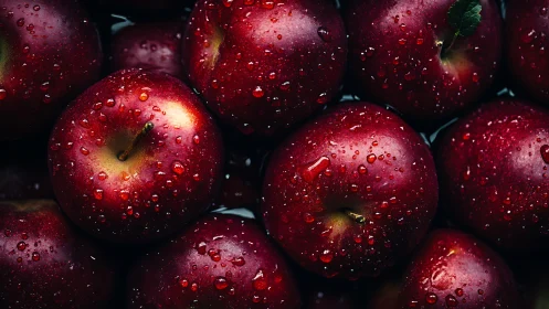 Close-up view of red apples covered with water droplets.