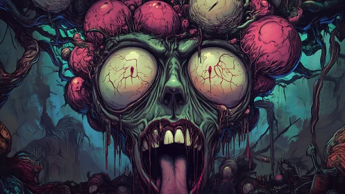 Grotesque skull-like head fused with organic bulbous growths.