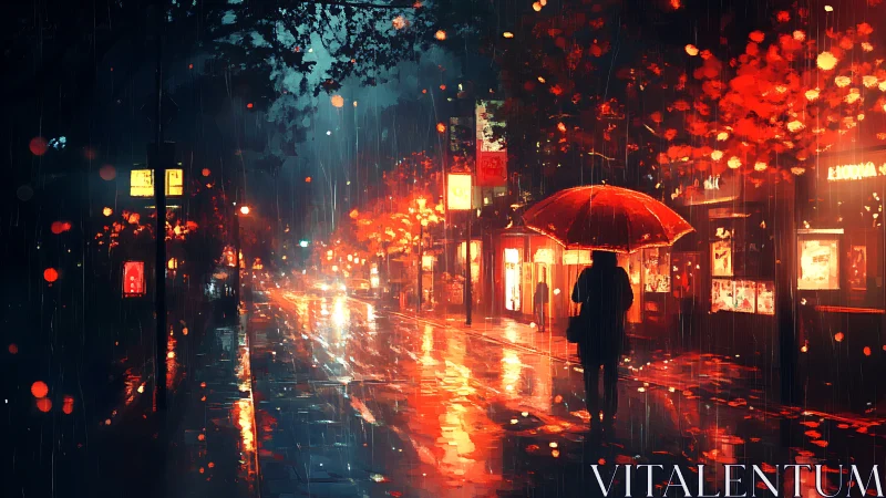 Cozy night stroll with a red umbrella under city lights.