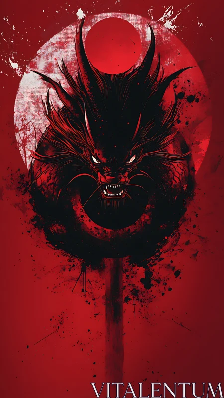 Dark dragon emblem against red moon and splatter field.