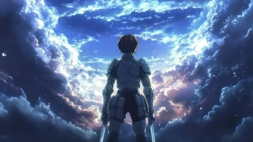 Backlit armored figure surveying stratified luminous sky.