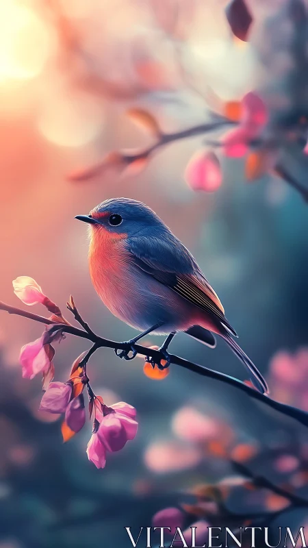 Soft-focus songbird on blossom branch under warm bokeh light