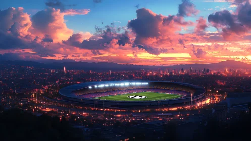 Sunset city stadium panorama under glowing match lights.
