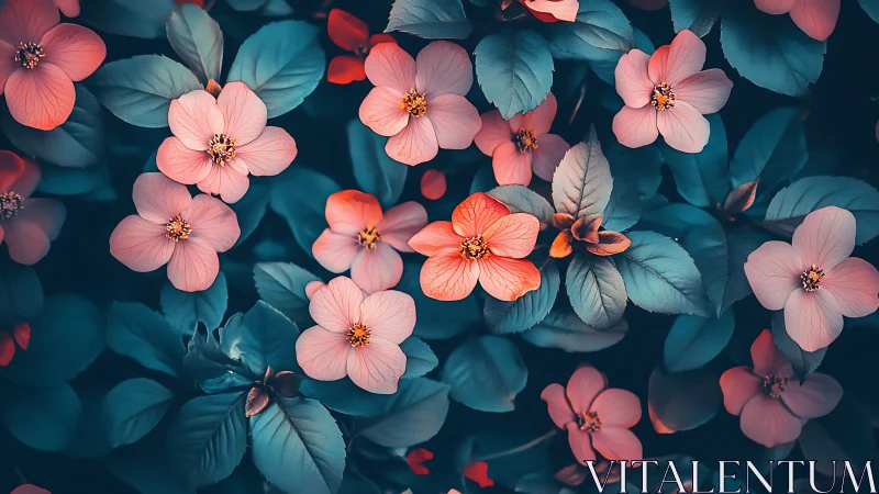 Coral Blossoms in Teal Garden Light